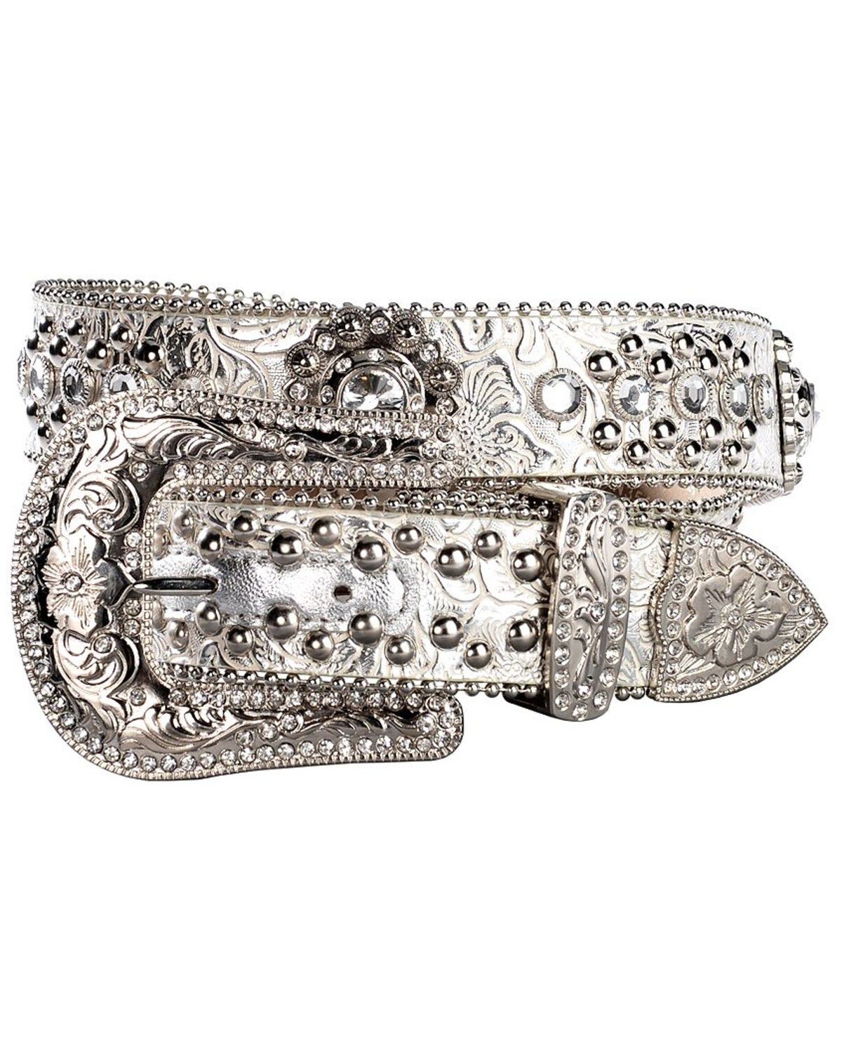 Image #1 - Blazin Roxx Floral Concho & Crystal Metallic Silver Leather Belt, Silver, hi-res