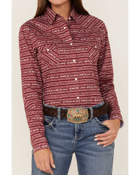 Image #3 - Rough Stock by Panhandle Women's Southwestern Stripe Print Long Sleeve Snap Western Shirt, Red, hi-res