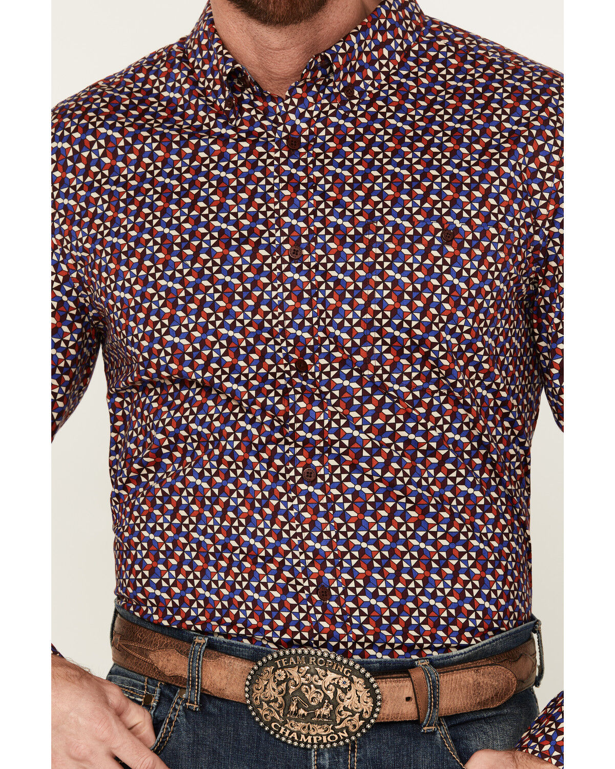 Image #3 - RANK 45® Men's Kendleton Geo Print Long SleeveStretch Button-Down Shirt, Wine, hi-res
