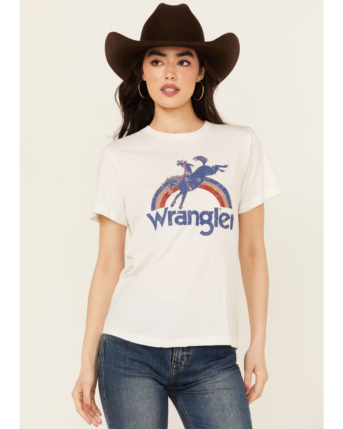Image #1 - Wrangler Women's Rainbow Bronco Short Sleeve Graphic Tee, White, hi-res