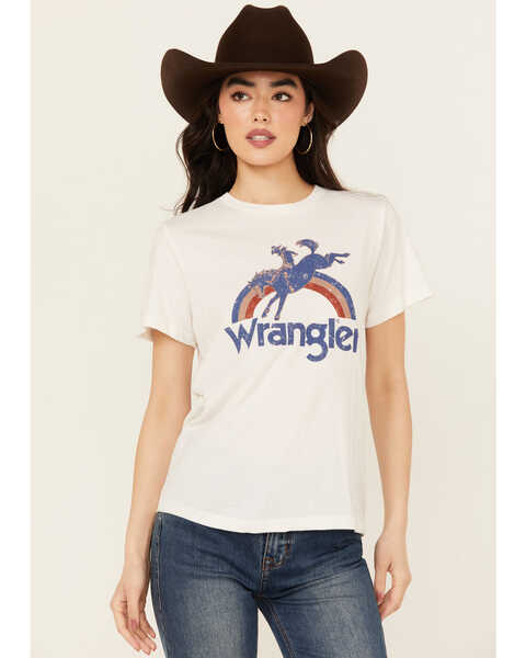 Image #1 - Wrangler Women's Rainbow Bronco Short Sleeve Graphic Tee , White, hi-res