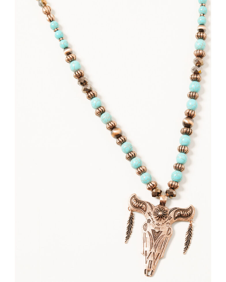 Shyanne Women's Copper Concho Beaded Longhorn Necklace, Rust Copper, hi-res