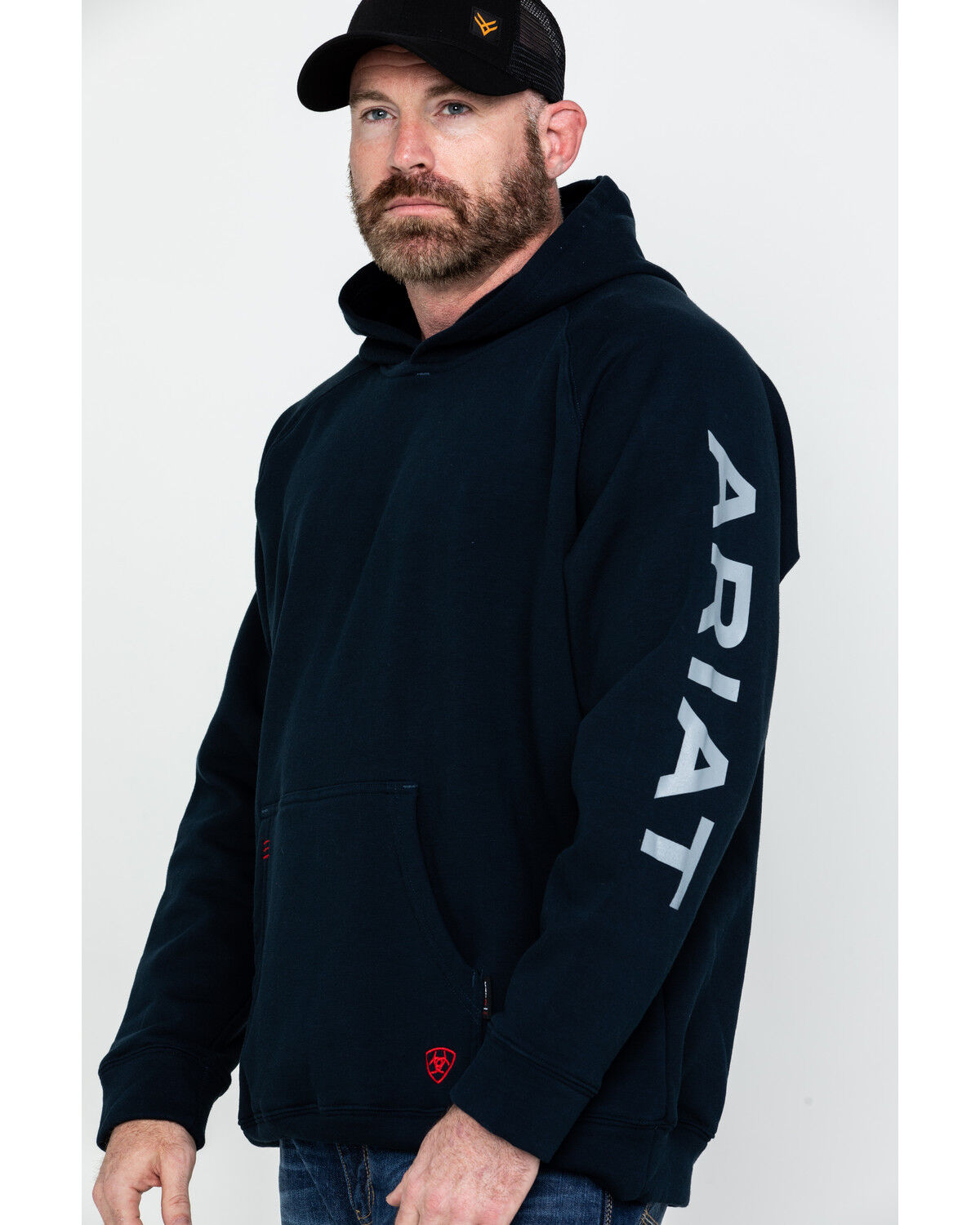 Image #3 - Ariat Men's FR Primo Fleece Logo Hooded Work Sweatshirt - Tall, Navy, hi-res