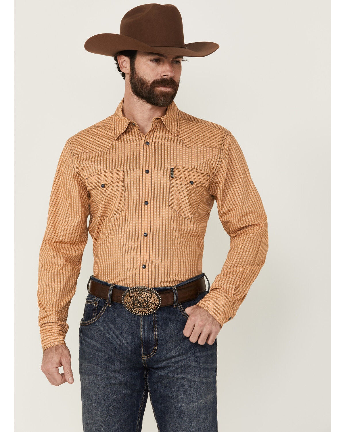 Image #1 - Cinch Men's Geo Striped Print Modern Fit Long Sleeve Snap Western Shirt, Gold, hi-res