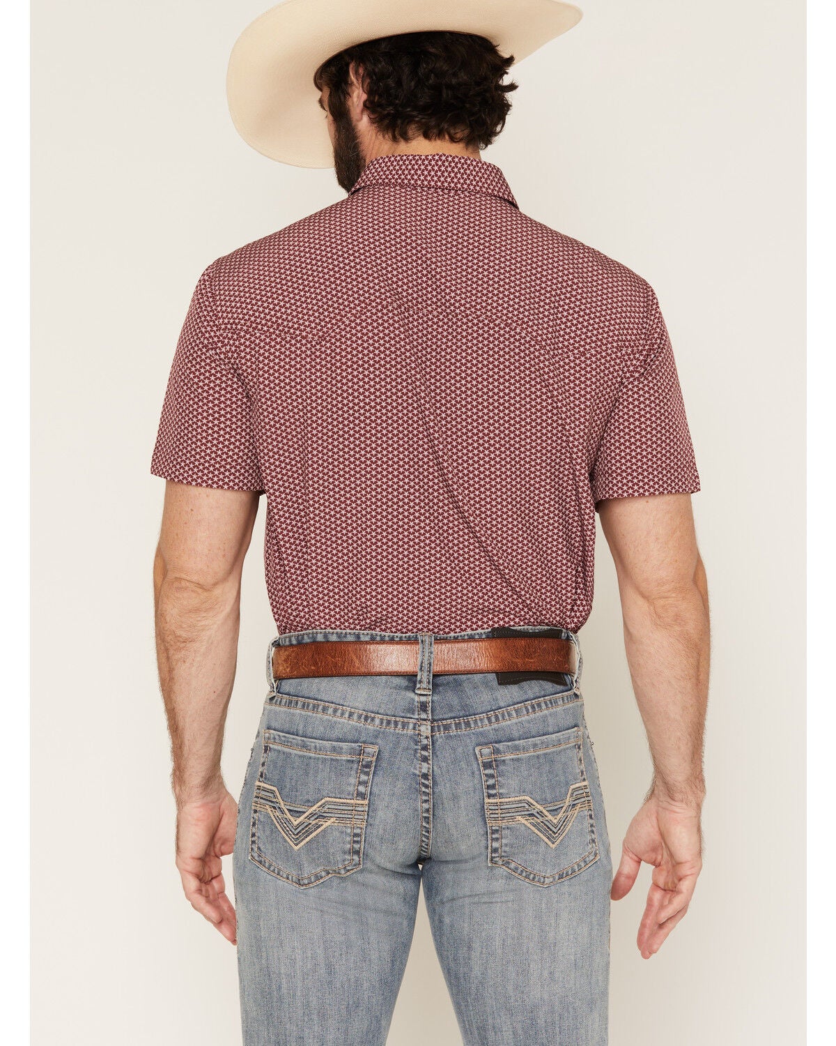 Image #4 - Panhandle Slim Men's Lone Star Print Short Sleeve Pearl Snap Performance Western Shirt, Wine, hi-res