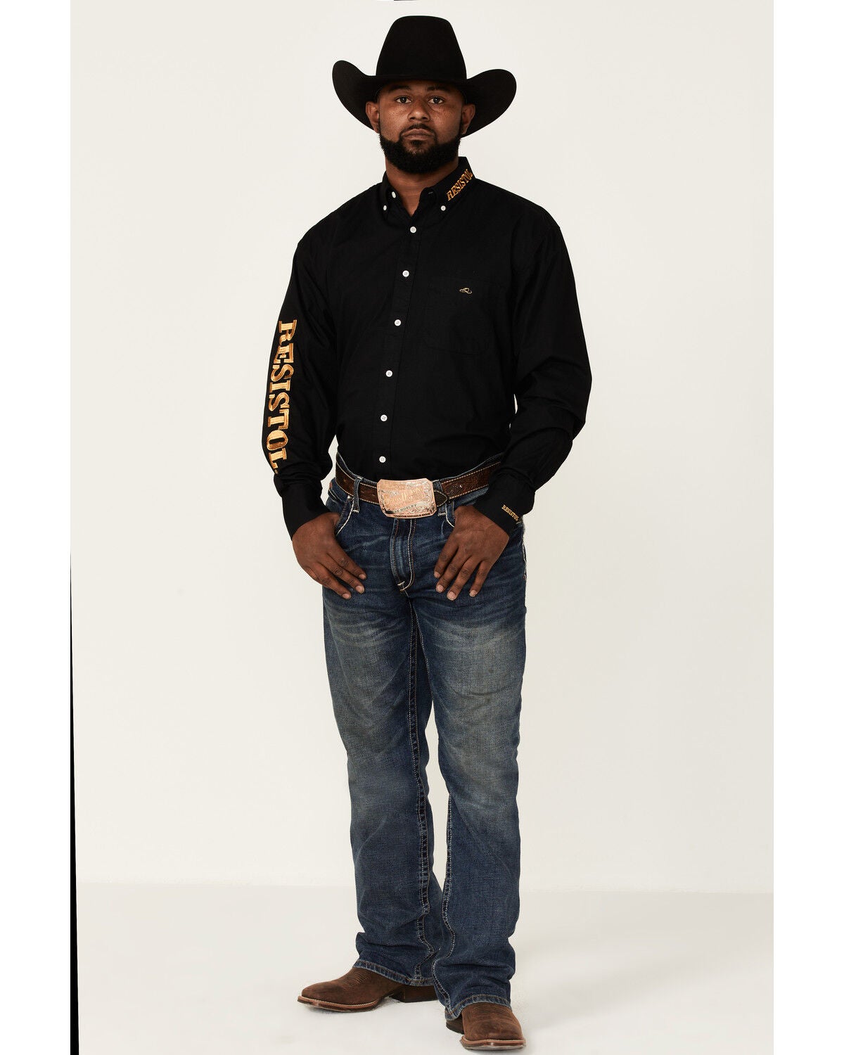 black long sleeve top with gold buttons