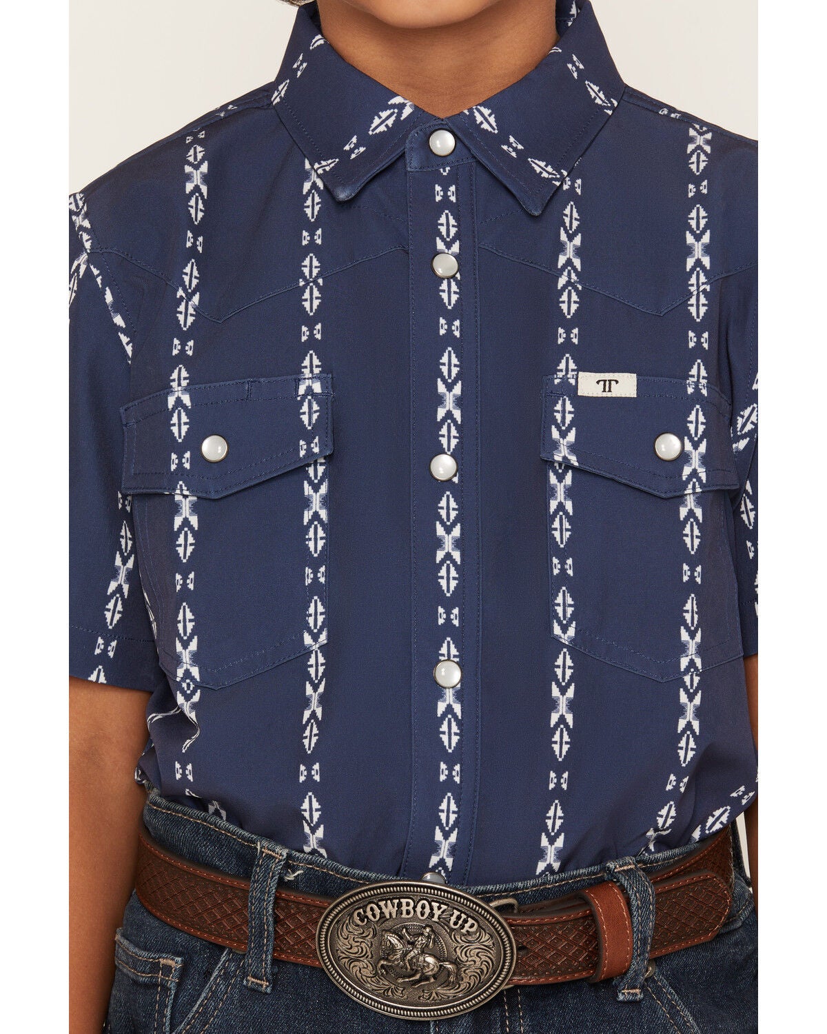 Image #3 - Ferrell Boys' Maverick Tek Striped Short Sleeve Pearl Snap Performance Western Shirt, Blue, hi-res
