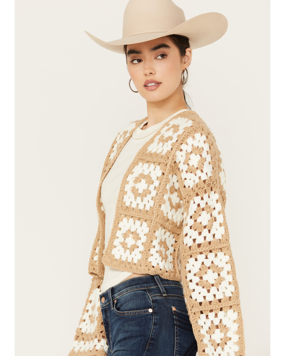 Image #2 - Revel Women's Crochet Cropped Cardigan, Beige, hi-res