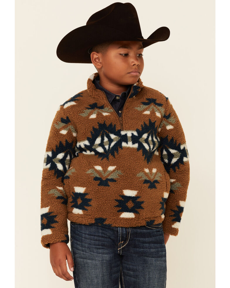 Wrangler Boys' Brown & Teal Southwestern Print 1/4 Zip Sherpa Pullover , Brown, hi-res
