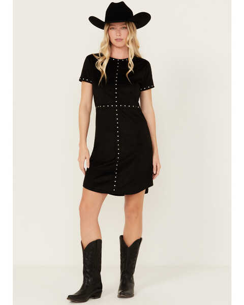 Image #1 - Panhandle Women's Faux Suede Studded Short Sleeve Mini Dress , Black, hi-res