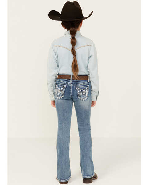 Image #3 - Grace in LA Girls' Light Wash Steer Head Feather Pocket Bootcut Jeans , Medium Wash, hi-res