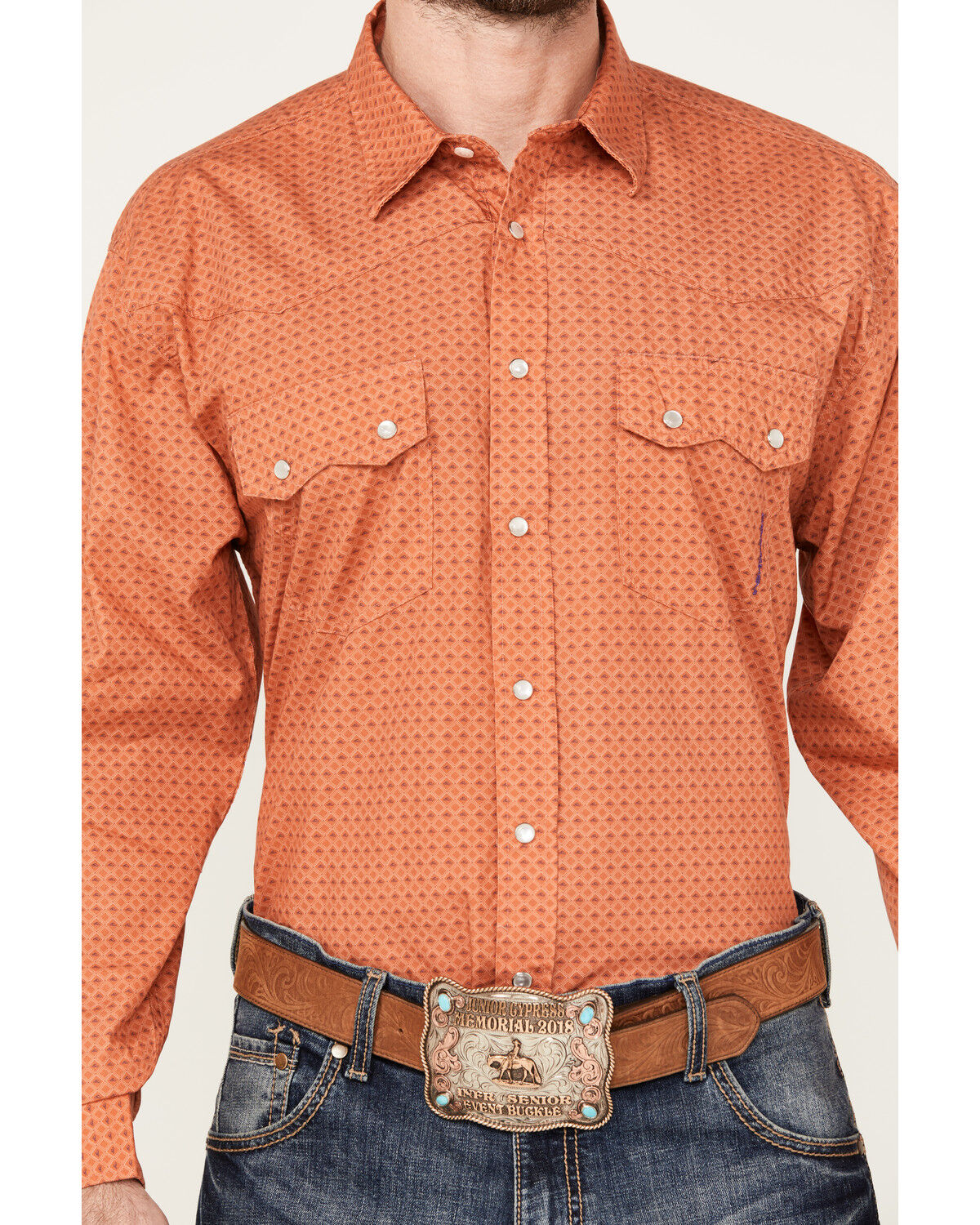 Image #3 - Resistol Men's Diamond Hat Print Long Sleeve Pearl Snap Western Shirt, Coral, hi-res