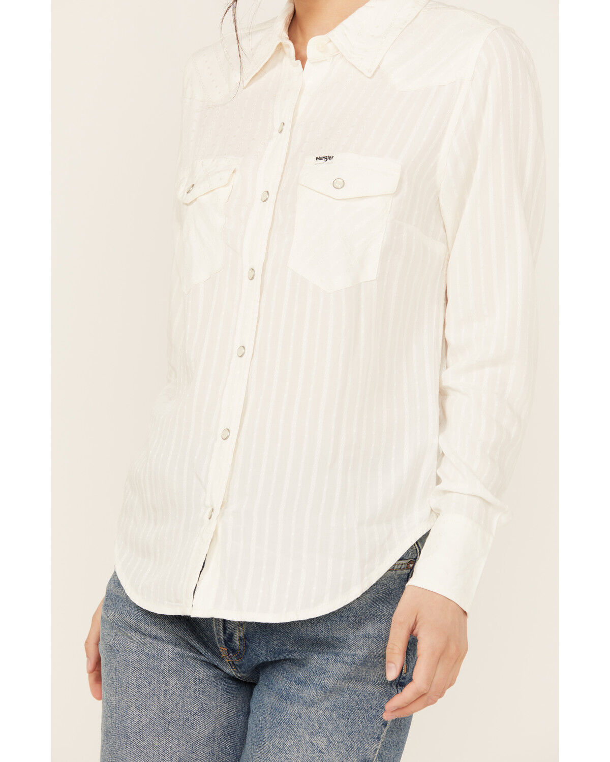 Image #3 - Wrangler Women's Modern Striped Long Sleeve Pearl Snap Western Shirt, Off White, hi-res