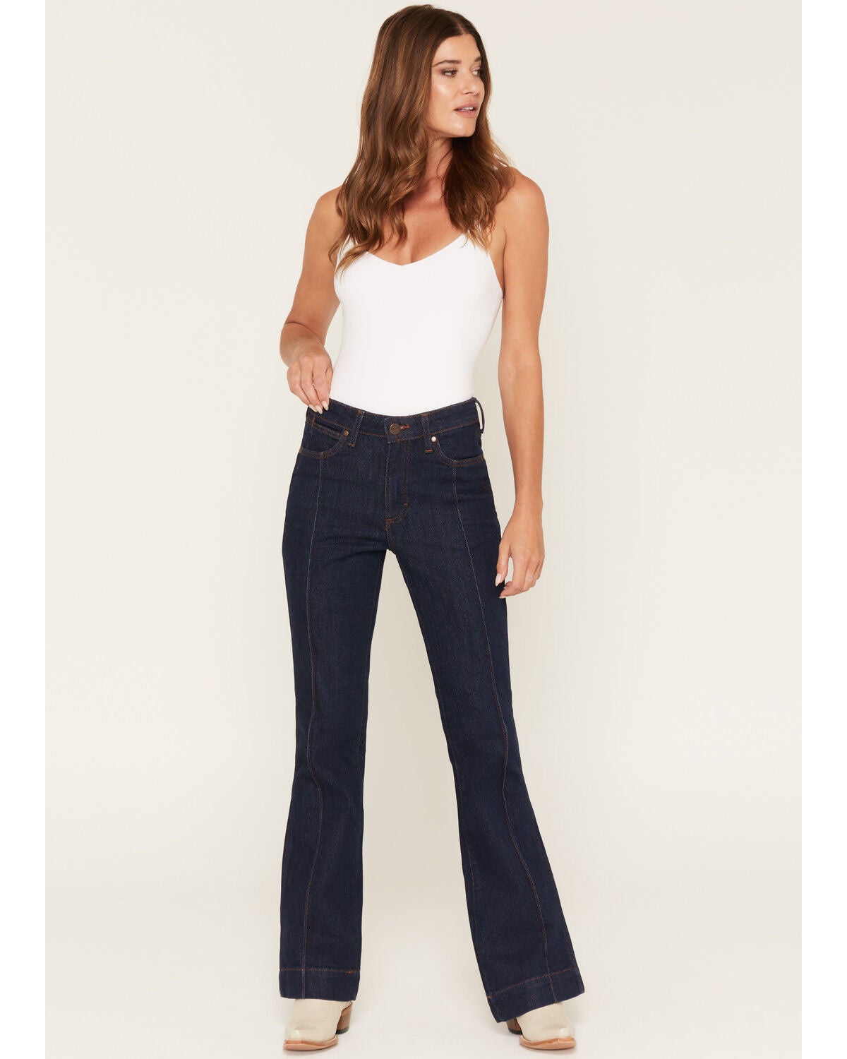 Wrangler Retro Women's Dark Wash Bailey High Rise Pintuck Trouser Stretch Denim Jeans, Dark Wash, hi-res