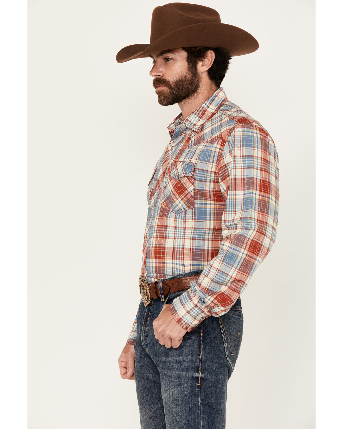 Image #2 - Wrangler Retro Men's Plaid Print Long Sleeve Snap Western Shirt, Red/white/blue, hi-res