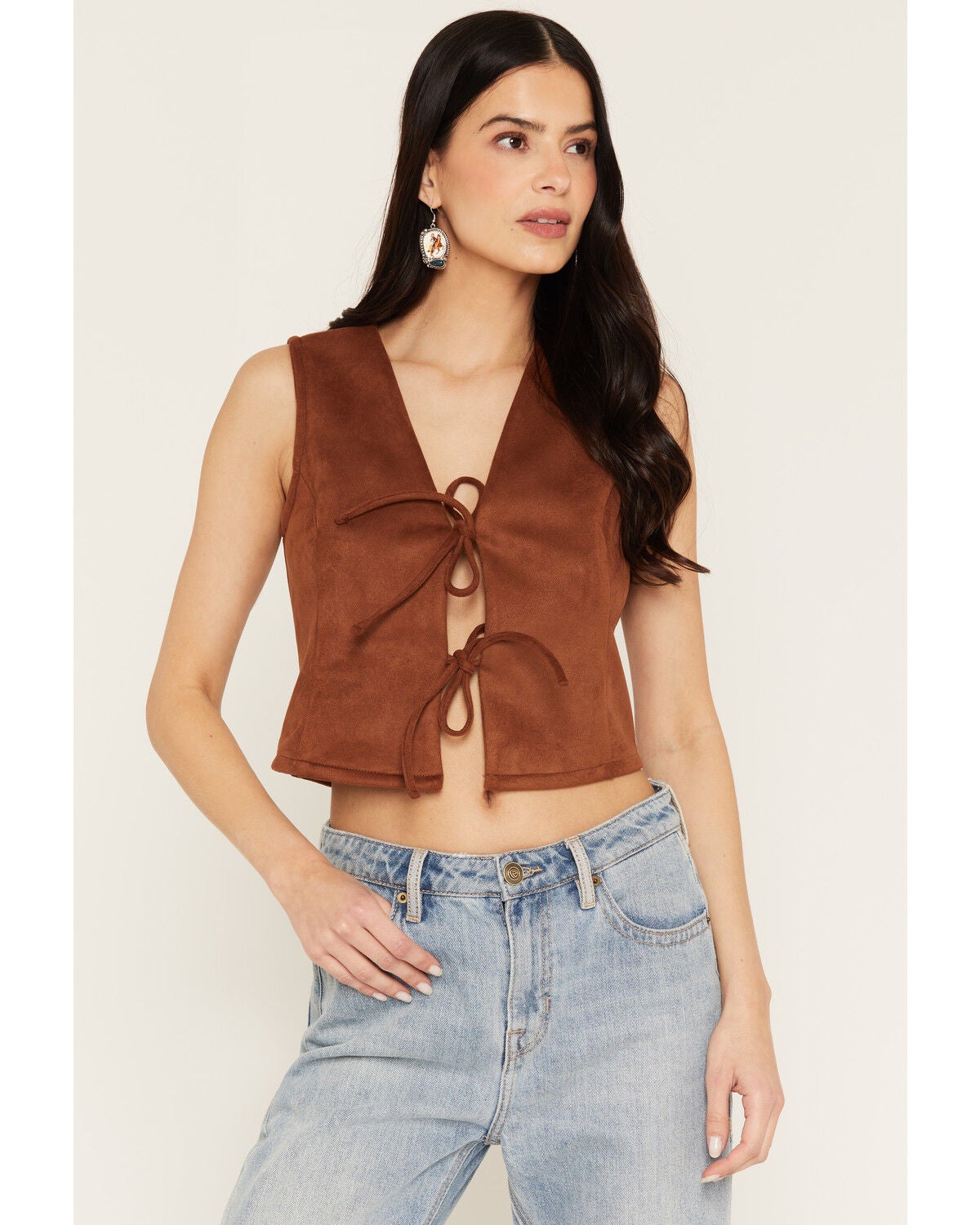 Stoosh Women's Faux Suede Tie-Front Vest, Cognac, hi-res