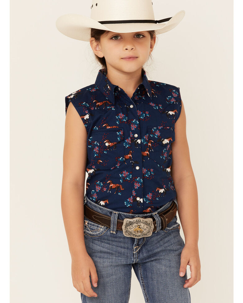 Rank 45 Girls' Navy Floral Horse Print Sleeveless Snap Rodeo Shirt , Dark Blue, hi-res