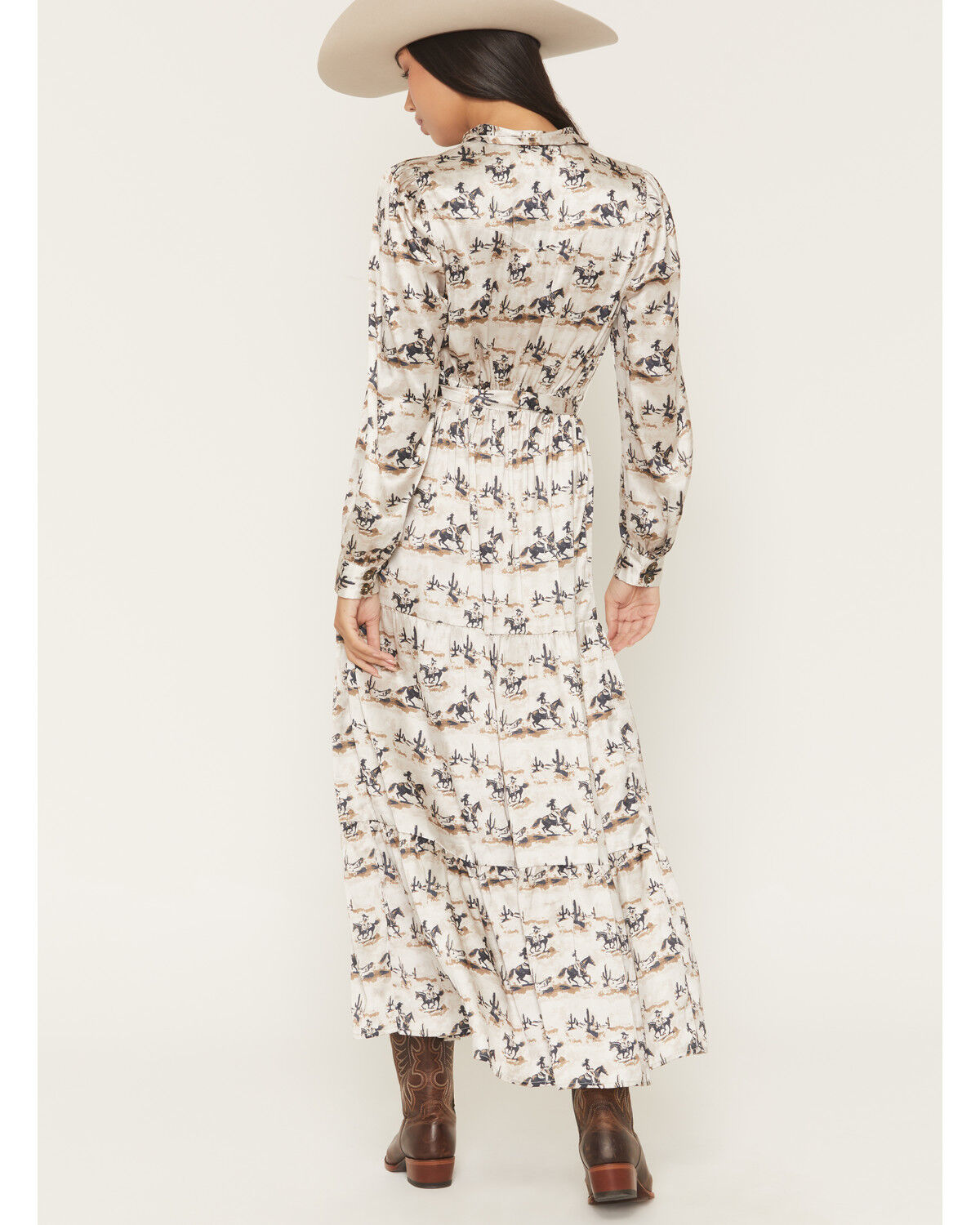 Image #4 - Panhandle Slim Women's Cowboy Rider Satin Long Sleeve Button-Down Maxi Skirt, Tan, hi-res