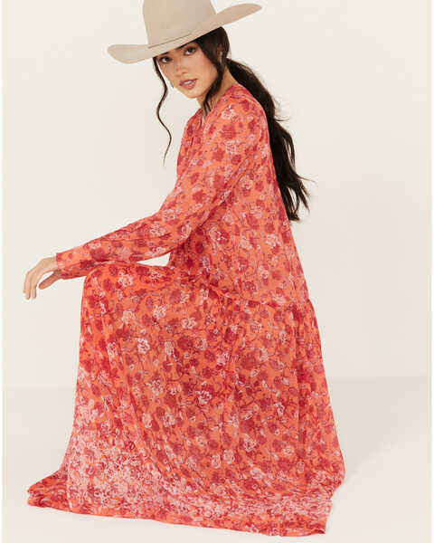 Free People Women's See It Through Floral Long Sleeve Maxi Dress, Red, hi-res
