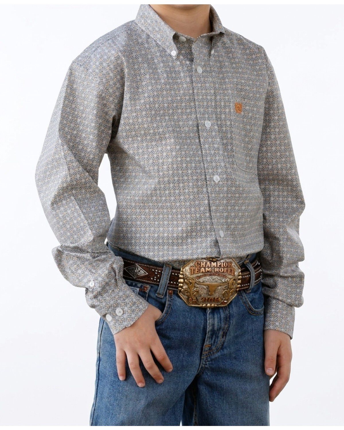 Image #1 - Cinch Boys' Geo Print Long Sleeve Button-Down Stretch Western Shirt, White, hi-res