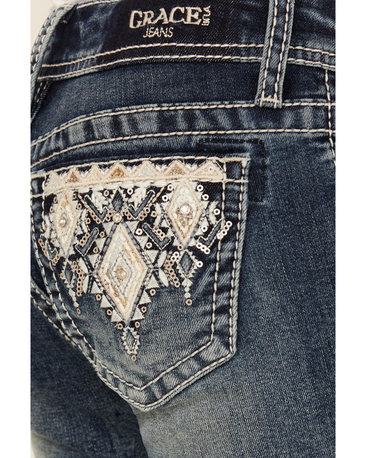 Image #2 - Grace In LA Girls' Chevron Embroidered Medium Wash Bootcut Stretch Denim Jeans, Blue, hi-res