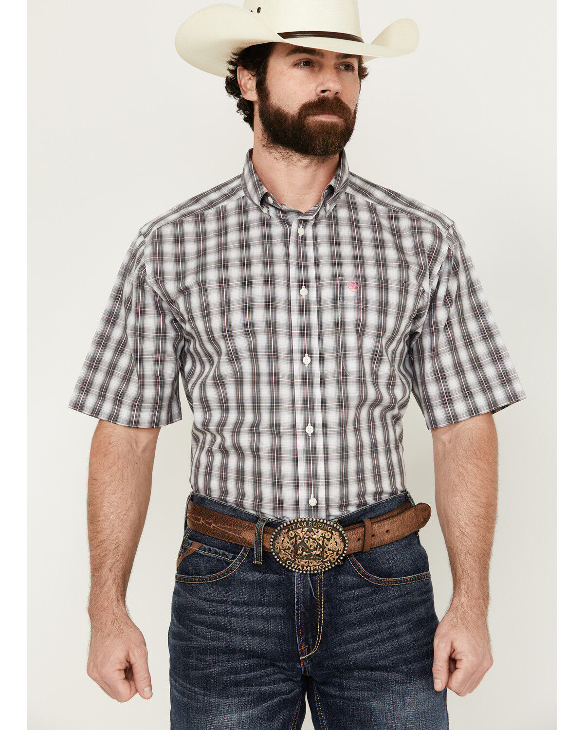 Image #1 - Ariat Men's Berkley Ombre Plaid Print Short Sleeve Button-Down Western Shirt, Black, hi-res