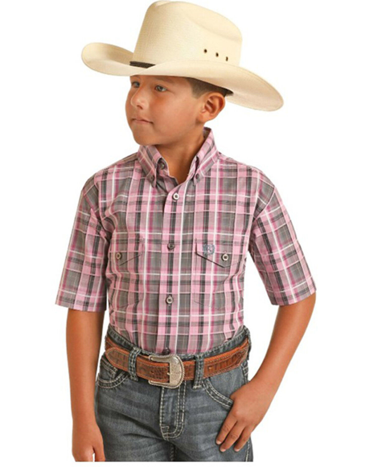 Image #1 - Panhandle Boys' Plaid Print Short Sleeve Button-Down Western Shirt, Purple, hi-res