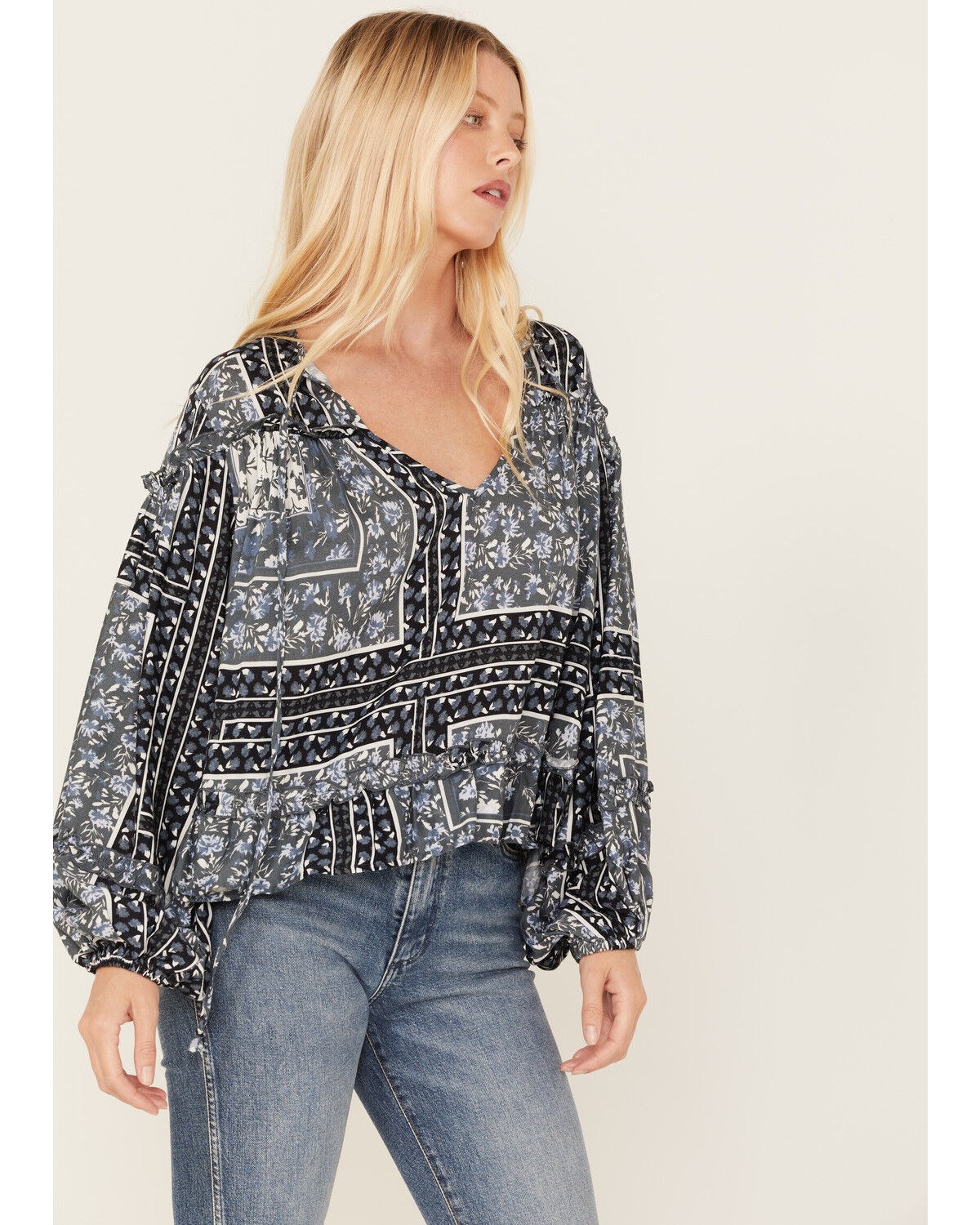 Image #2 - Jen's Pirate Booty Women's Roma Storm Chariot Floral Print Ruffle Top, Black, hi-res