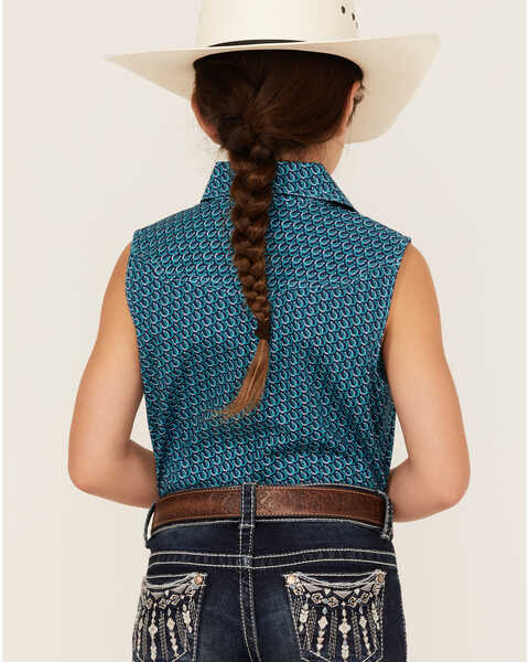 Image #4 - Rock & Roll Denim Girls' Horseshoe Print Sleeveless Pearl Snap Western Shirt, Turquoise, hi-res
