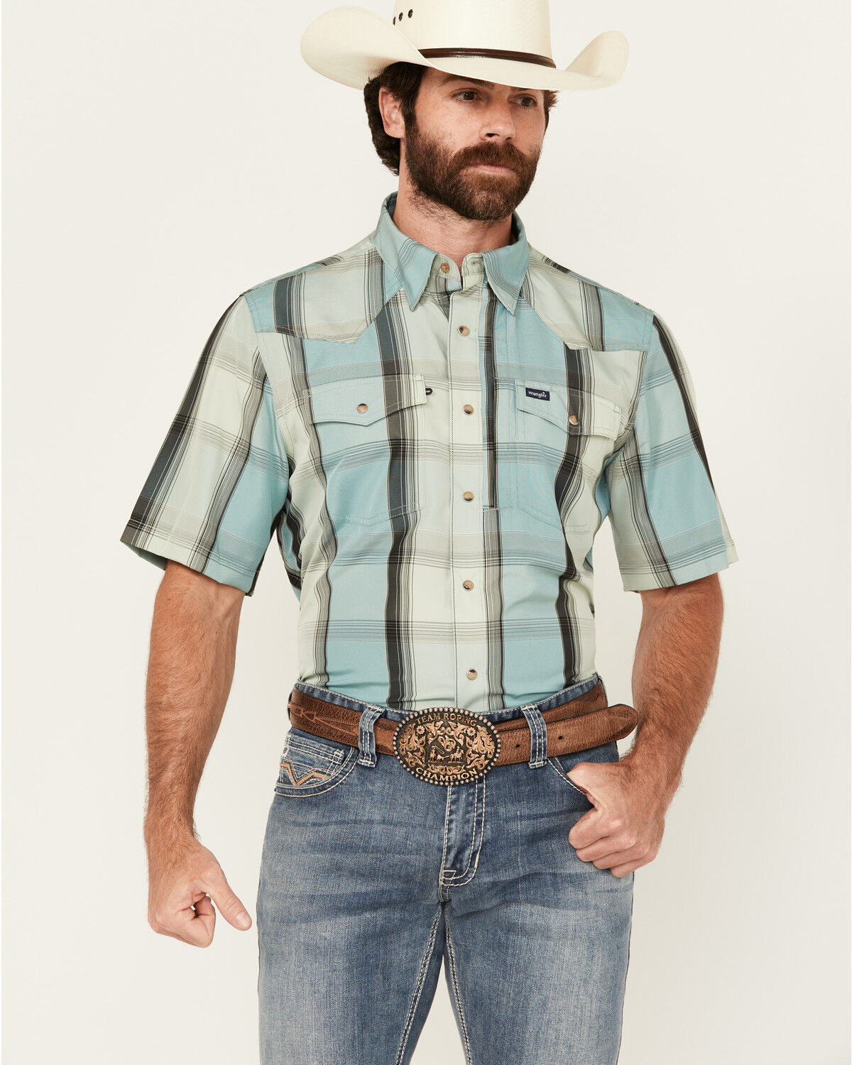Image #1 - Wrangler Men's Plaid Print Short Sleeve Performance Western Shirt, Turquoise, hi-res