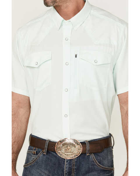 RANK 45 Men's 8 Seconds Short Sleeve Pearl Snap Western Tech Shirt , Aqua, hi-res