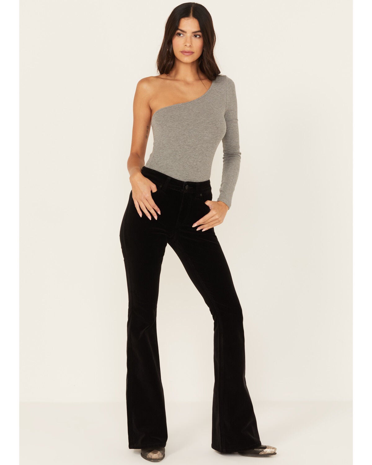 Shyanne Women's Black High Rise Velveteen Stretch Flare Jeans, Black, hi-res