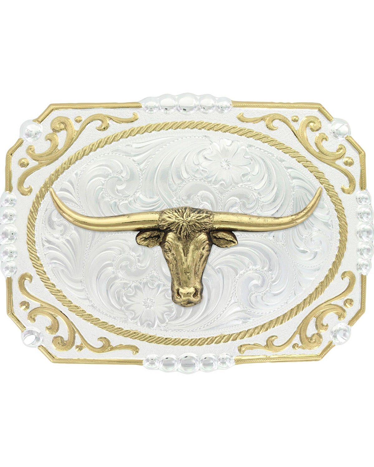 Montana Silversmiths Two-Tone Cowboy Cameo with Longhorn Belt Buckle, Silver, hi-res