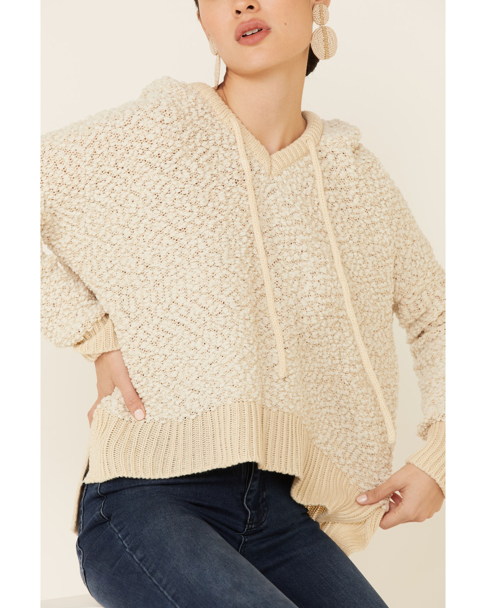 POL Women s Beige Popcorn Chenille Hooded Sweater Sheplers
