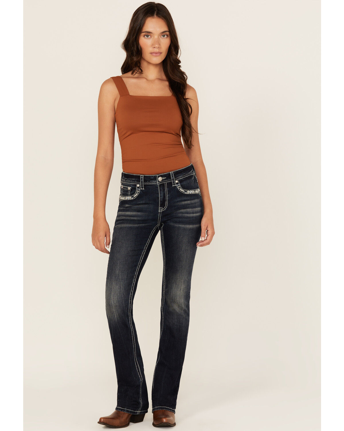 Image #3 - Grace In LA Women's Dark Wash Geo Print Embroidered Mid Rise Bootcut Stretch Denim Jeans, Dark Wash, hi-res