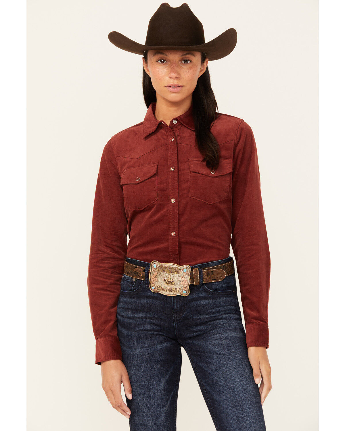 Image #1 - Shyanne Women's Maplewood Long Sleeve Pearl Snap Corduroy Shirt, Dark Red, hi-res