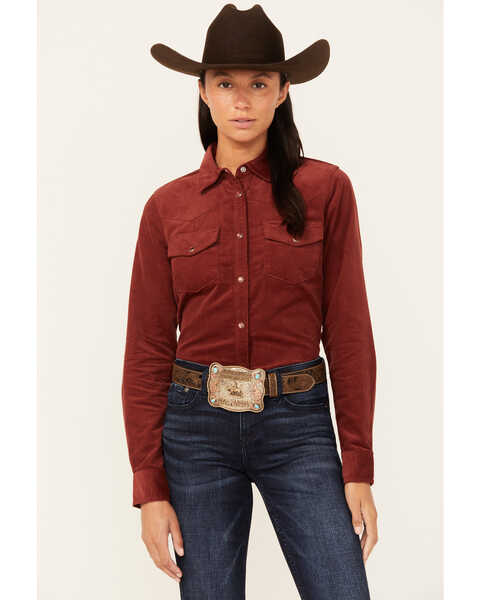 Image #1 - Shyanne Women's Maplewood Long Sleeve Pearl Snap Corduroy Shirt , Dark Red, hi-res