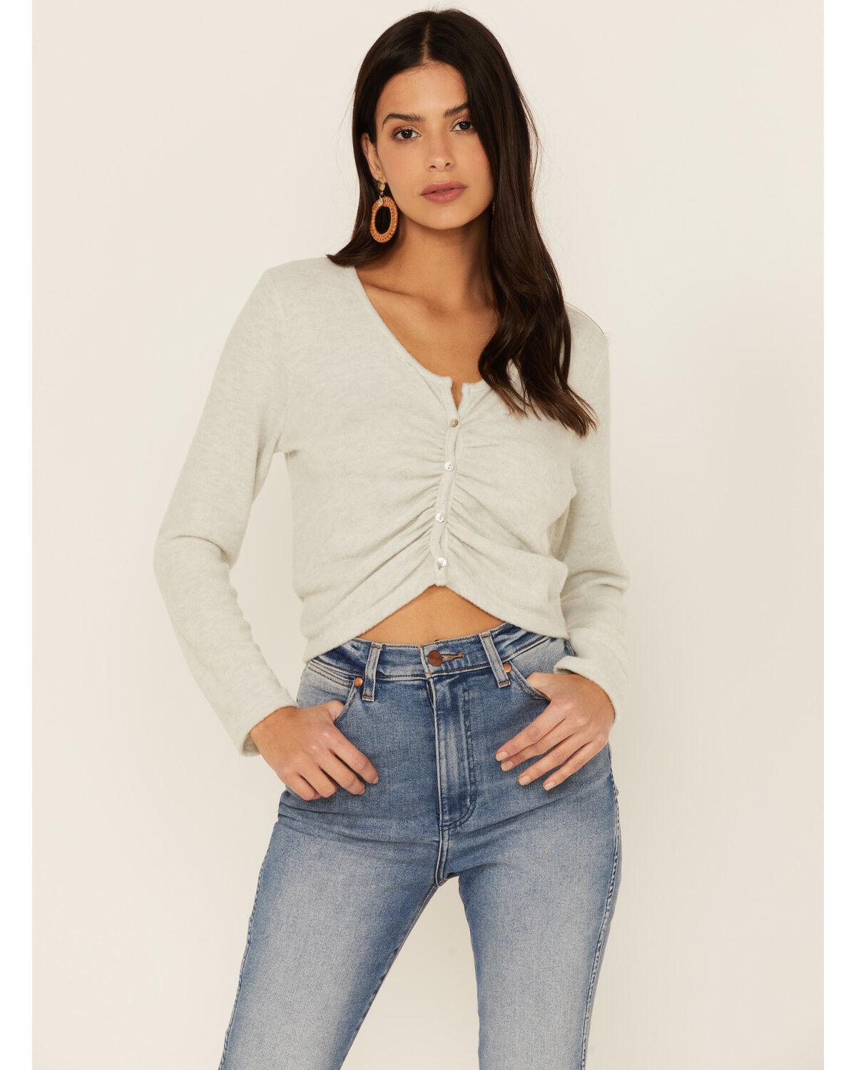 Image #1 - Wild Moss Women's Long Sleeve Super Soft Button Cinch Front Knit Top, Grey, hi-res