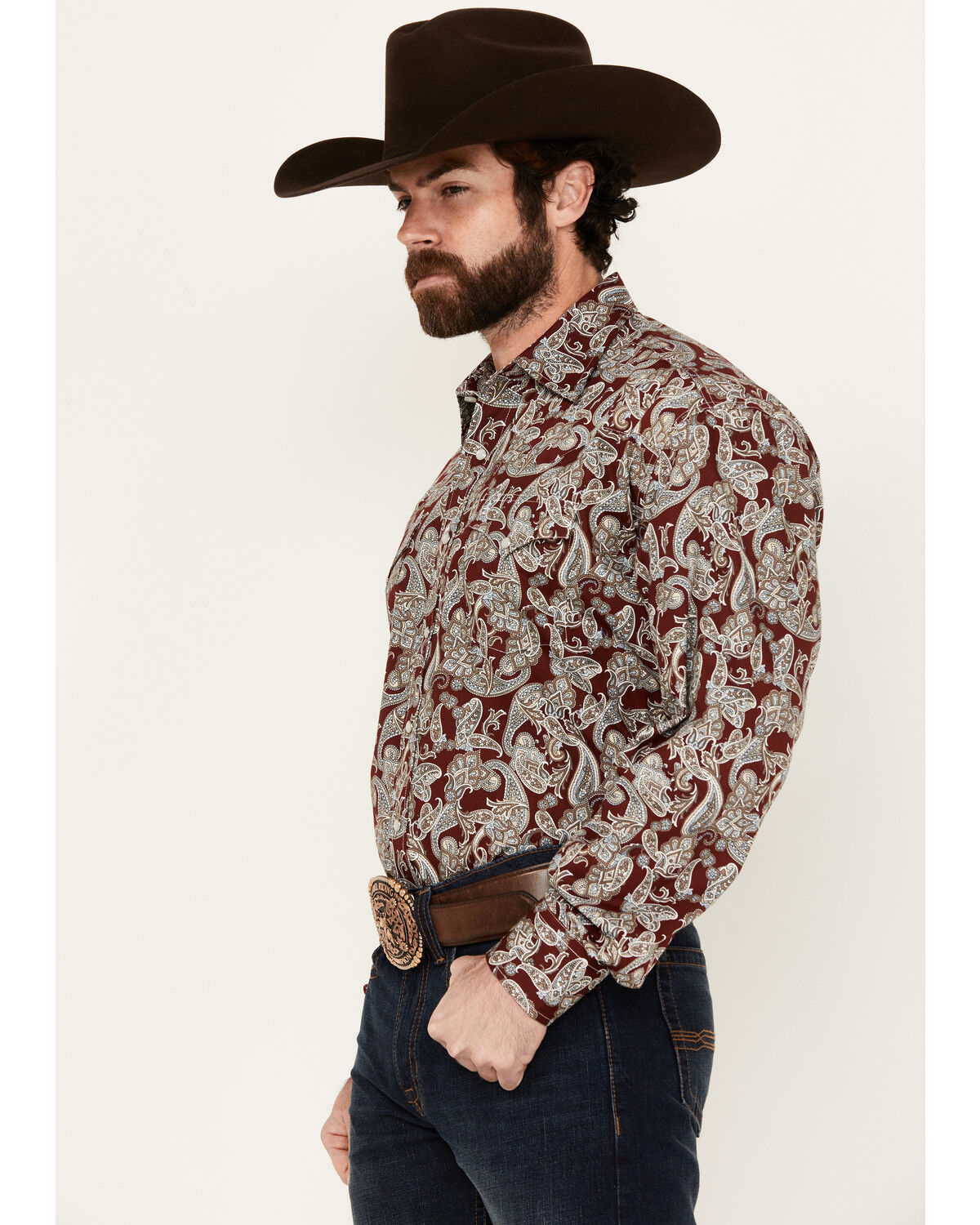 Image #2 - Stetson Men's Paisley Print Long Sleeve Pearl Snap Western Shirt, Maroon, hi-res
