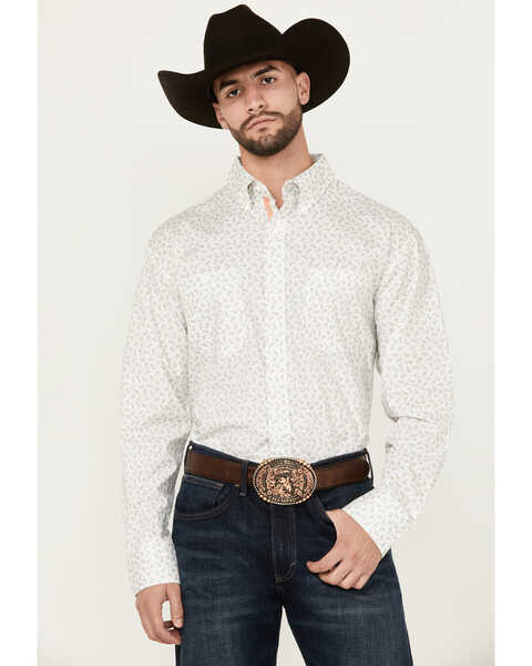George Strait by Wrangler Men's Paisley Print Long Sleeve Button-Down Stretch Western Shirt, White, hi-res
