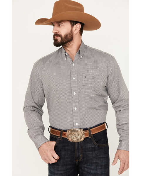 Stetson Men's Diamond Geo Print Long Sleeve Button Down Western Shirt, Grey, hi-res