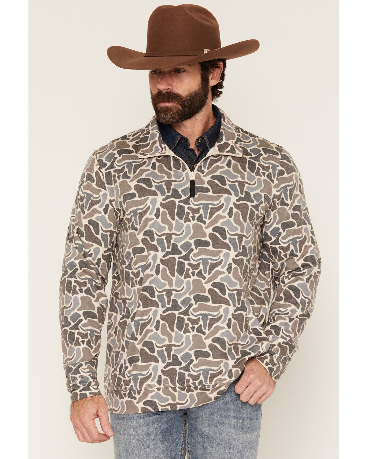 Rock & Roll Denim Men's Camo Print 1/4 Zip Pullover, Tan, hi-res