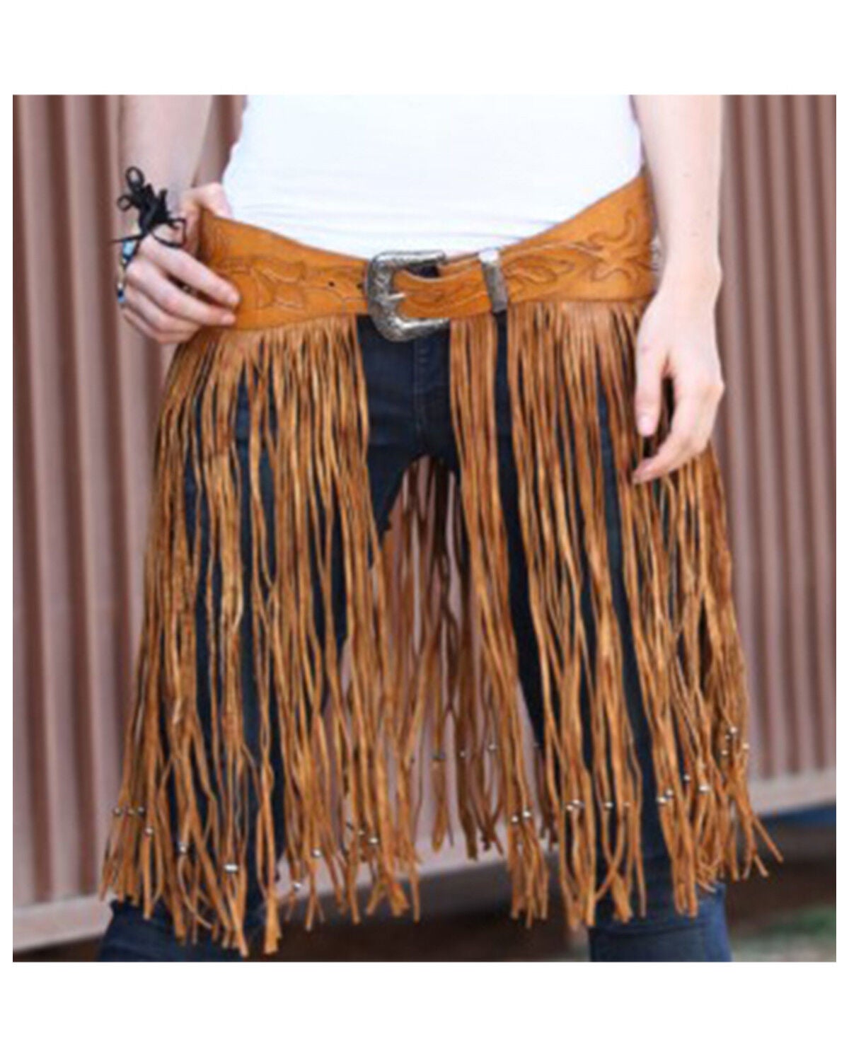 Kobler Women's Leather Hand-Tooled Fringe Belt, Beige, hi-res