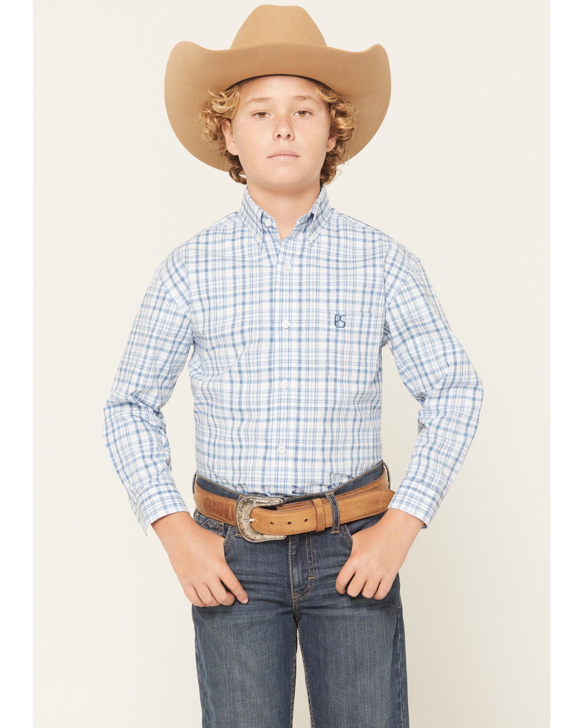 Panhandle Slim Boys' Plaid Print Long Sleeve Button-Down Stretch Western Shirt, Blue, hi-res