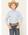 Image #1 - Panhandle Slim Boys' Plaid Print Long Sleeve Button-Down Stretch Western Shirt, Blue, hi-res