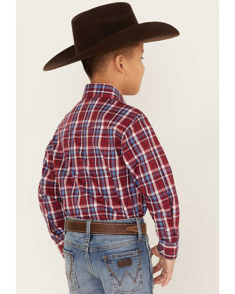 Wrangler Boys' Plaid Print Long Sleeve Western Pearl Snap Shirt, Red, hi-res