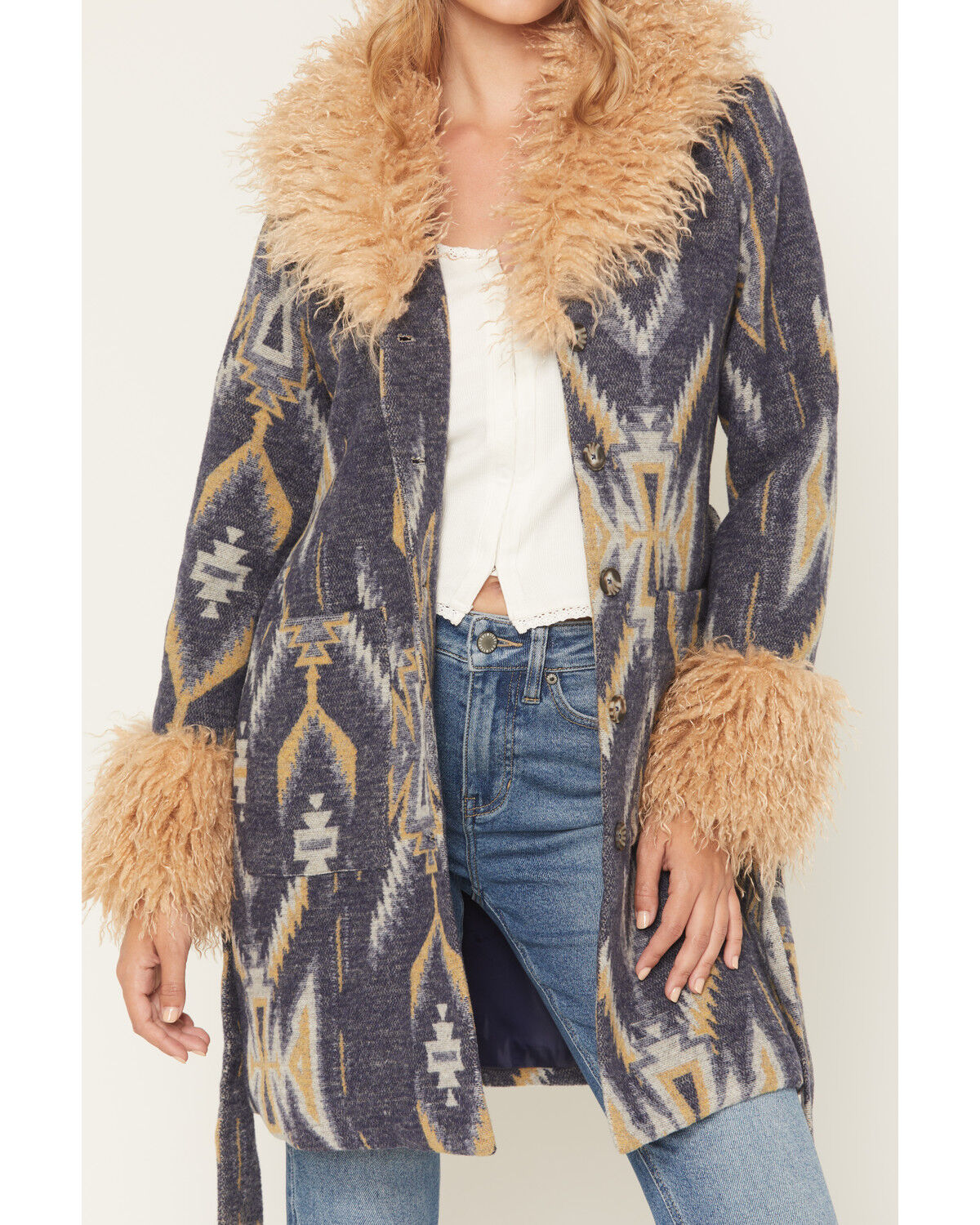 Image #3 - Idyllwind Women's Maxey Fur Trim Long Jacket, Indigo, hi-res