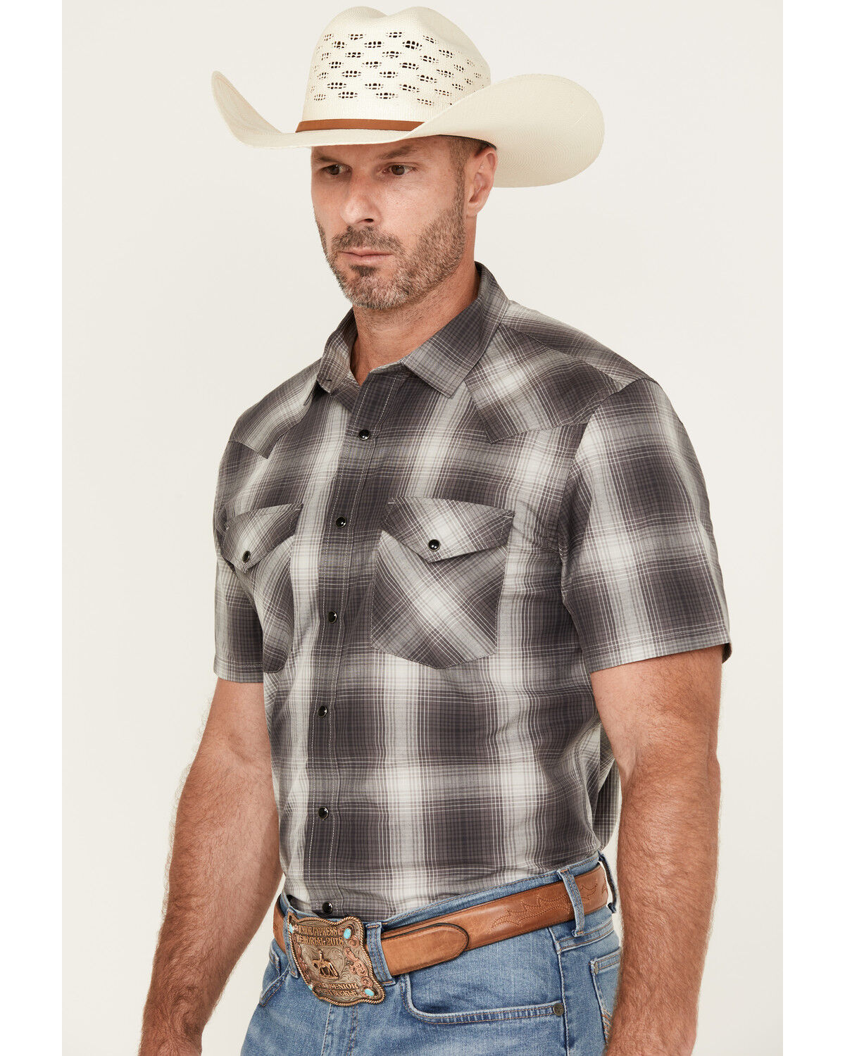 Image #2 - Pendleton Men's Boot Barn Exclusive Frontier Plaid Print Short Sleeve Snap Western Shirt, Grey, hi-res