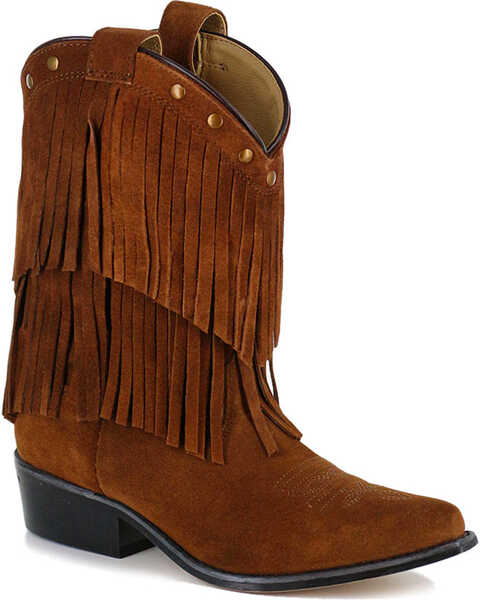 Shyanne Girls' Brown Double-Fringe Western Boots - Snip Toe, Brown, hi-res