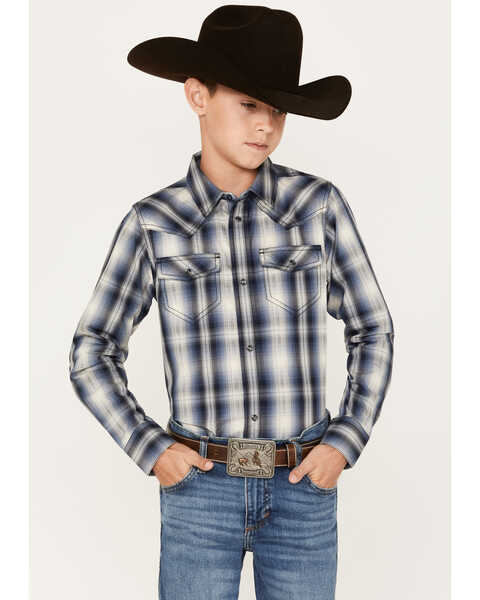 Cody James Boys' Plaid Print Long Sleeve Western Snap Shirt, Blue, hi-res